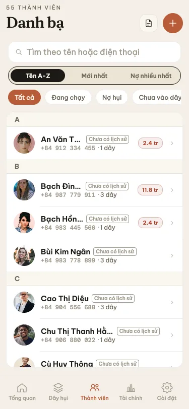 Danh bạ hội viên tập trung trên ứng dụng